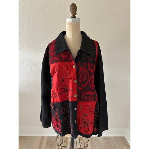 RACHEL BROOKE | Womens Denim Mixed Media Embroidered Button Shirt Jacket 2X Red - Picture 11 of 12
